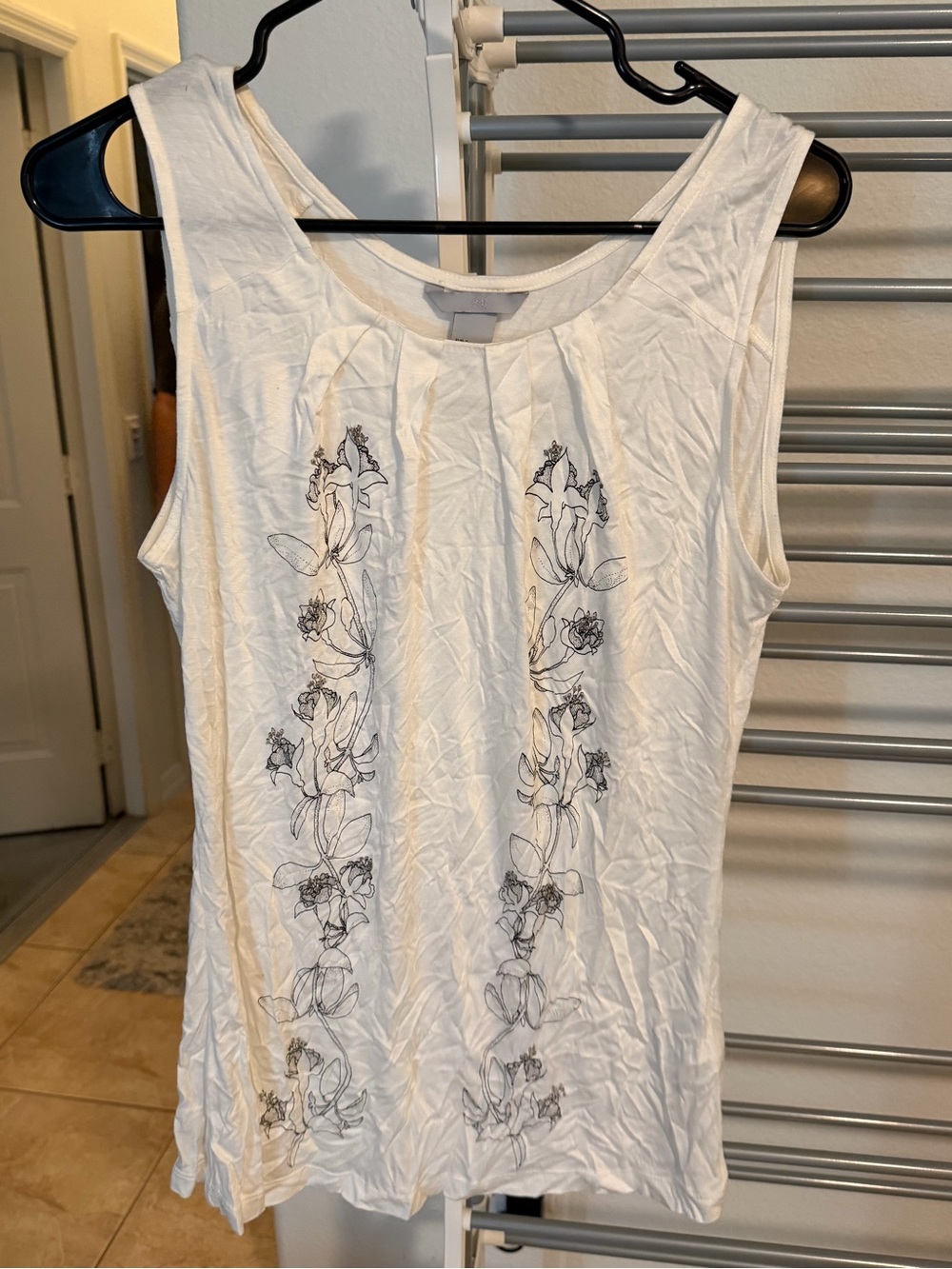 H&M Cream Sleeveless Tank with Black Floral Sketch Print